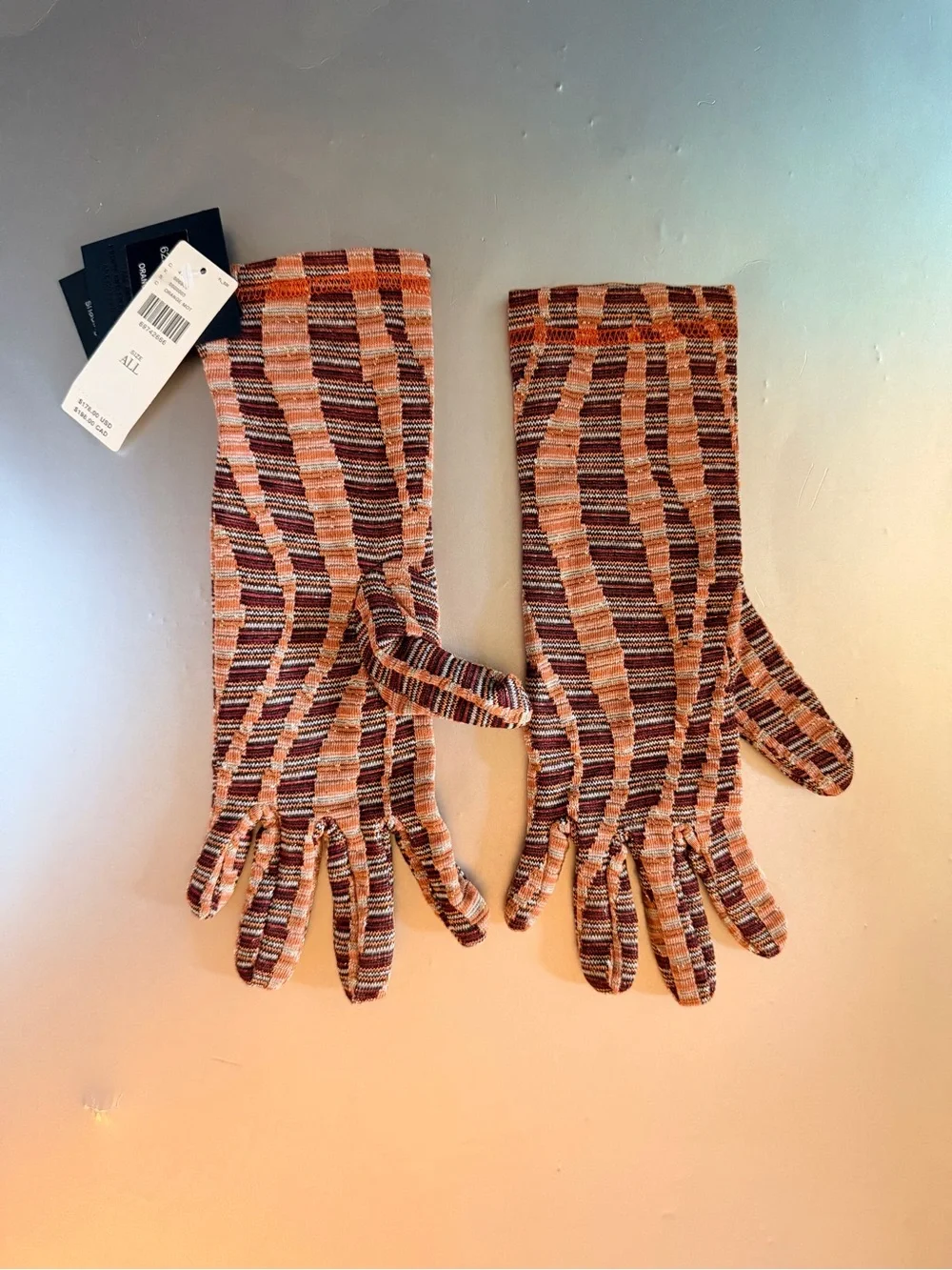 Anna Sui Striped Knit Long Gloves in Orange, Brown & Cream NWT $178